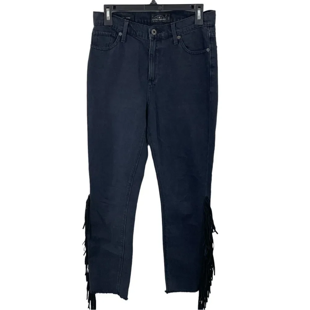 Lucky Brand‎ Jeans Size 4 27 Black Bridgette Skinny Western Fringe Raw Hem Denim